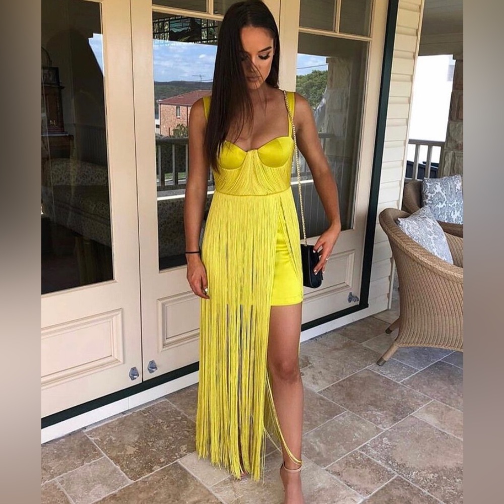 HOUSE OF CB 'Emee' Acid Yellow Satin Fringe Dress - Picture 9 of 17